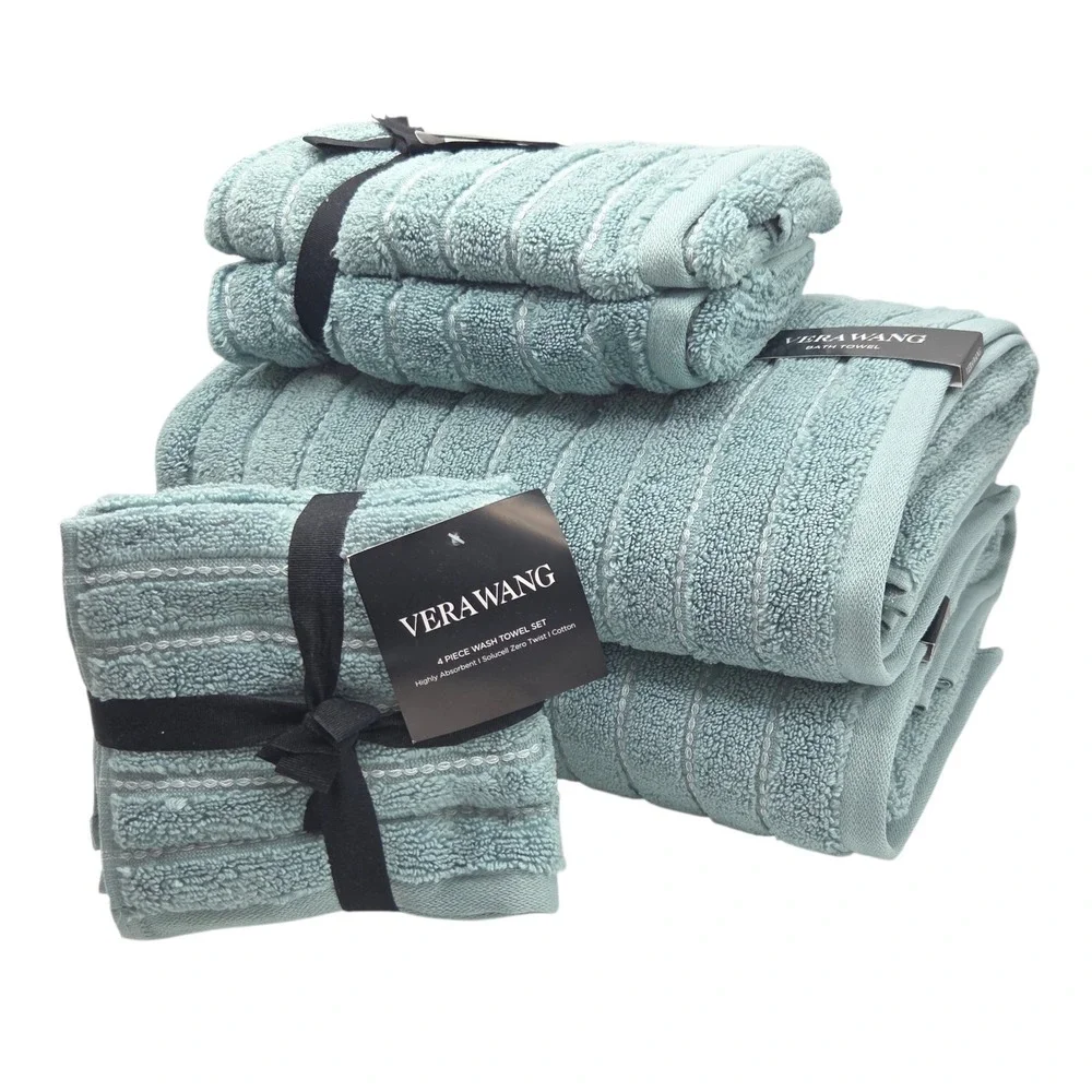 Vera Wang 8pc Zero‎ Twist Cotton Bath Towel Set Geo Stitch Aqua Blue B Twlos